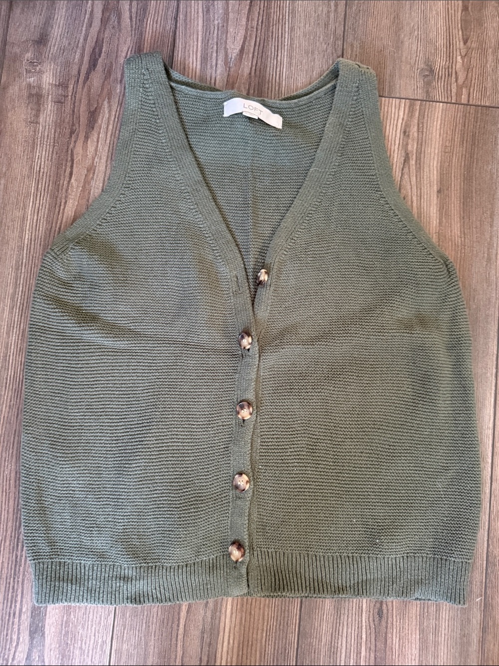 LOFT Olive Green V-Neck Button-Front Knit Vest